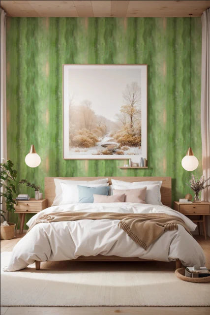 Feng Shui green wallpaper for renewal, abundance, and calming bedroom energy